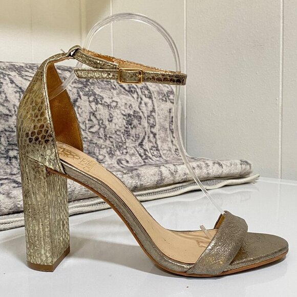 Vince Camuto MAIRANA Snakeskin Ankle Strap Heels in Metallic Gold Size 7 1/2 - Picture 2 of 8
